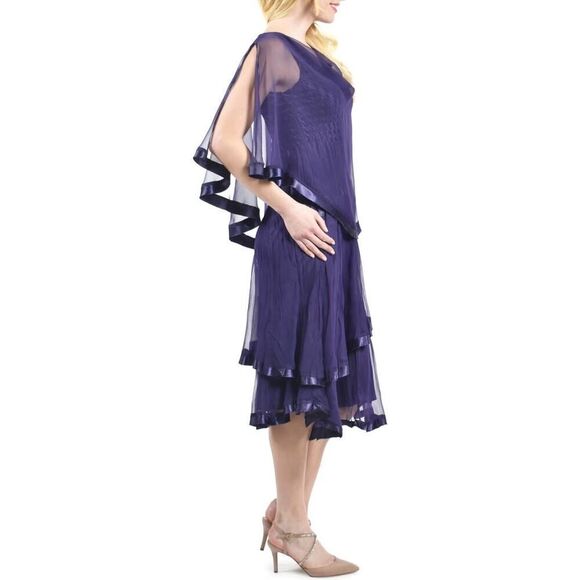 Komarov Chiffon Capelet Charmeuse Midi Dress Women's Small Purple 3/4 Sleeve - Picture 11 of 11